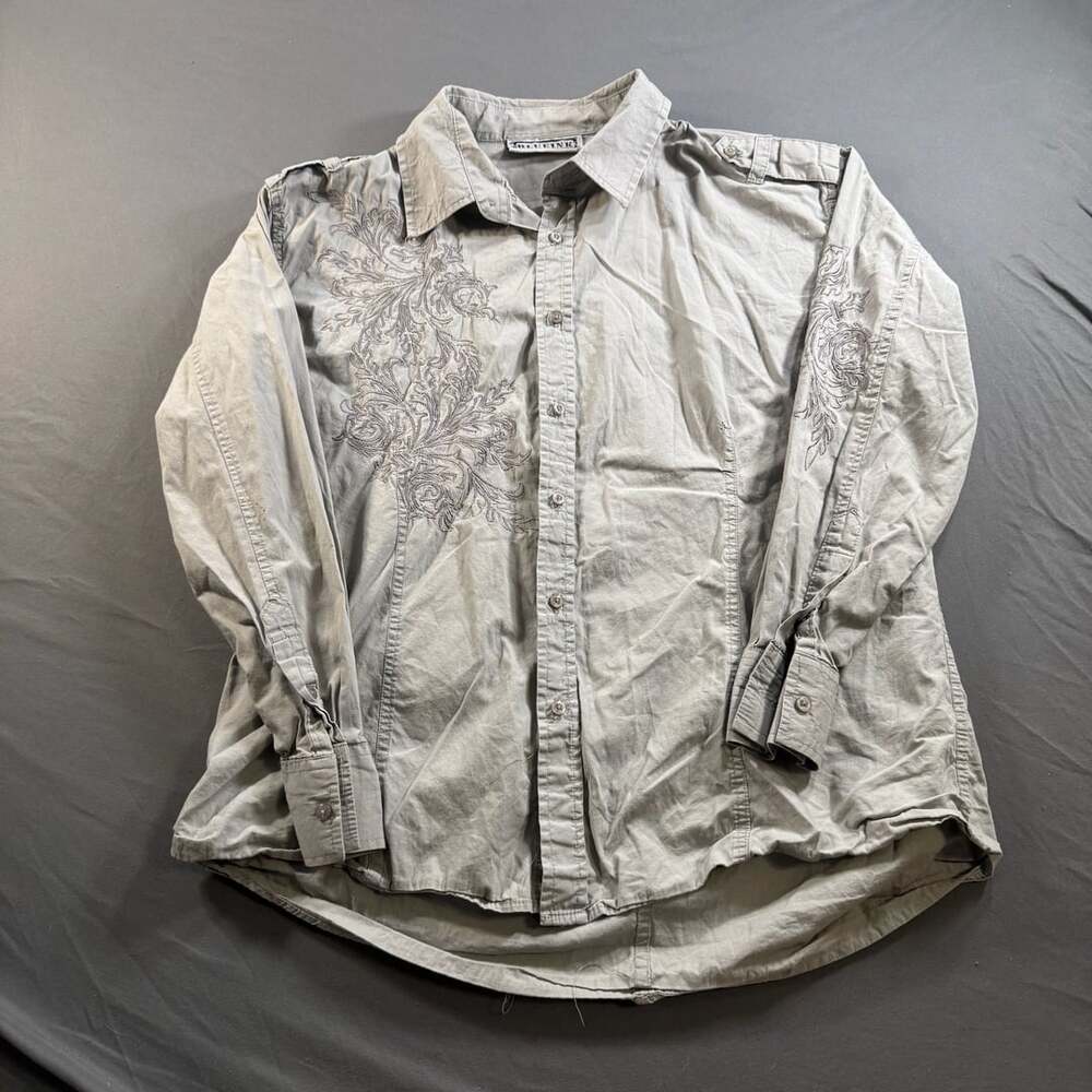 Blue Ink Men’s Gray Embroidered Button Down Shirt Size XL Western Y2K